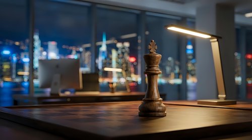 Golden chess piece standing on wooden desk with blurred city skyline at night through windows, symbolizing strategy, leadership, and business success for corporate concepts.