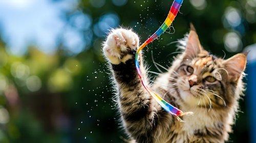 Playful tabby cat with fluffy fur batting at colorful rainbow toy string outdoors in sunny garden setting with blurred green foliage background.