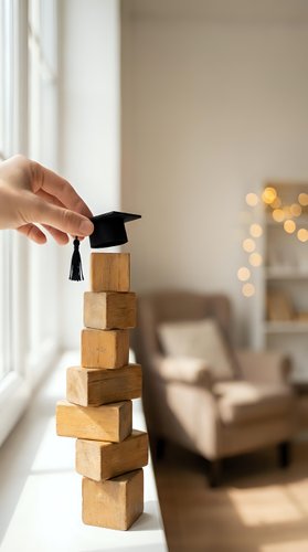 Hand placing graduation cap on wooden blocks tower symbolizing educational achievement and academic success journey in bright modern interior.