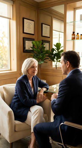 Professional mature Caucasian businesswoman consulting with male client in elegant wood-paneled office setting with natural lighting and plants.