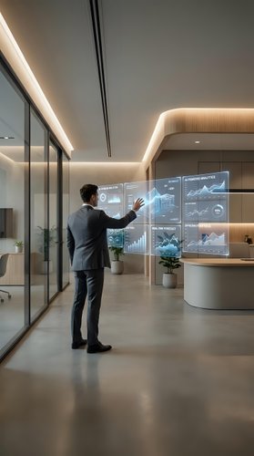 Businessman interacting with futuristic holographic data displays in modern office space with ambient lighting for business technology presentations.