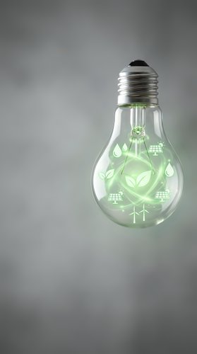 Light bulb with green eco-friendly symbols including solar panels, wind turbines, leaves and water drops representing sustainable energy innovation.