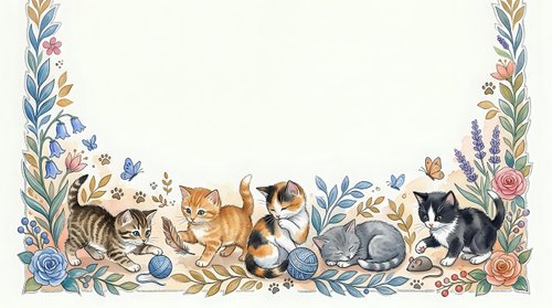 Adorable kittens sleeping peacefully in floral border frame with roses and botanical elements, perfect for nursery decor and pet-themed designs.