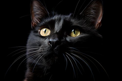 Dramatic close-up portrait of black cat with bright yellow eyes and long whiskers against dark background, mysterious and elegant feline face illuminated.