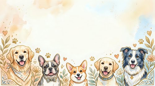 Adorable dogs border frame with golden retriever, french bulldog, corgi, labrador and border collie on watercolor background for pet greeting cards.