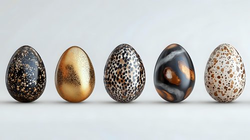 Decorative luxury eggs collection with metallic, spotted and marble patterns on light background. Modern Easter design elements for festive decor.
