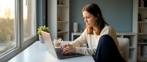 Young professional woman working on laptop computer at modern home office desk near window with natural sunlight and plants.