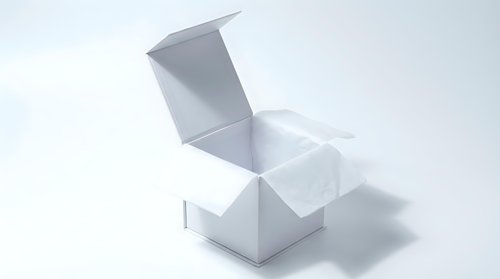 Open white cardboard box with lid on clean background for packaging mockup and product presentation designs.