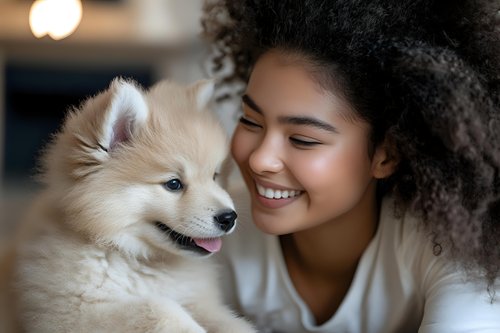 Happy young African American woman with curly hair smiling while cuddling adorable fluffy Pomeranian puppy in cozy home setting for pet care and companionship.