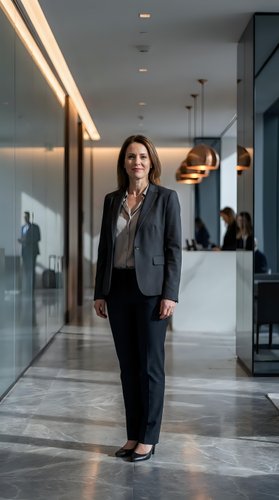 Confident middle-aged Caucasian businesswoman in gray suit standing in modern corporate office lobby with glass walls and contemporary lighting.