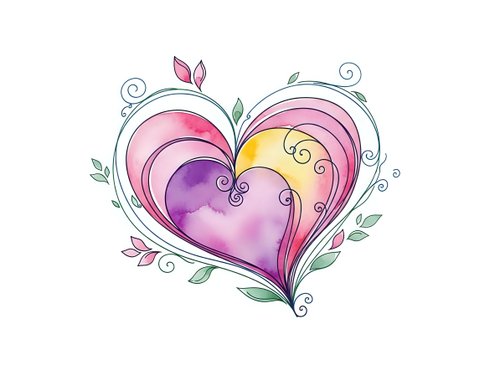 Watercolor heart with decorative swirls and leaves in pink purple gradient colors isolated on white background for romantic design projects.