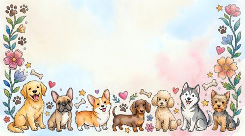 Adorable watercolor puppies border frame with floral elements and paw prints on pastel background for greeting cards and pet-themed designs.