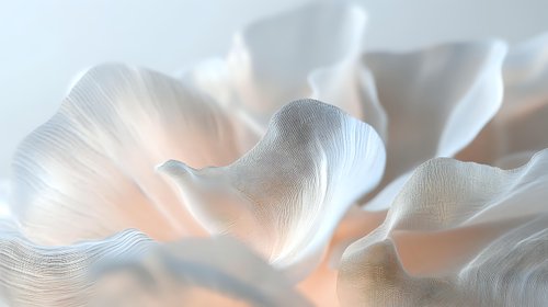 Ethereal white petals with soft peach glow create dreamy abstract macro composition showing delicate curves and flowing organic shapes in gentle light.