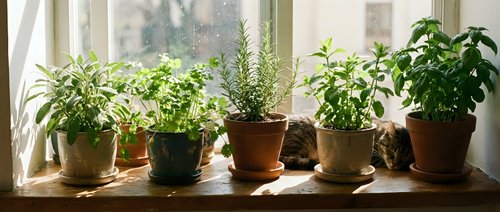 Indoor herb garden with fresh basil, rosemary and other culinary plants in terracotta pots on sunny wooden windowsill for home cooking and kitchen decor.