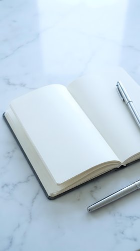 Open blank notebook with silver pen on white marble surface for writing, journaling, planning and creative work projects.