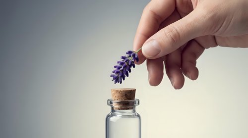 Hand holding dried lavender flower over glass bottle with cork stopper, aromatherapy essential oil concept for wellness and natural skincare products.