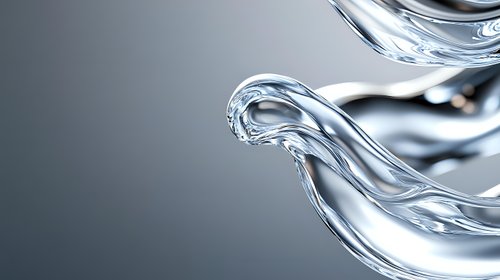 Clear liquid wave formation with dynamic flowing motion against gray background, showcasing transparency and fluid dynamics in minimalist composition.