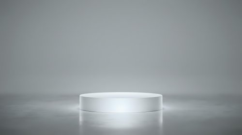 White cylindrical podium platform on gray gradient background with soft lighting for product display and presentation purposes.