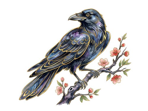 Iridescent raven perched on flowering branch with metallic blue and purple plumage, isolated on white background for design projects.