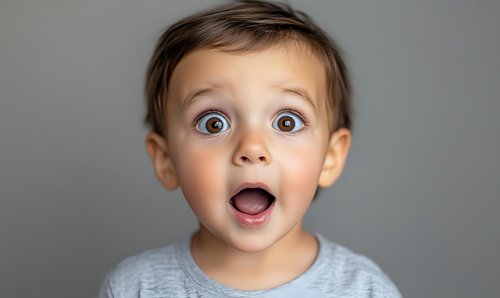 Surprised young child with wide open blue eyes and mouth expressing amazement and wonder against gray background, wearing light sweater. For emotional concepts.