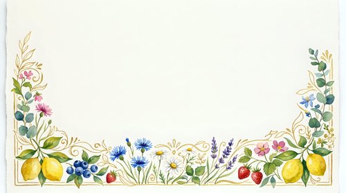 Watercolor botanical border frame with wildflowers, herbs, lemons and berries on cream background for wedding invitations and greeting cards.