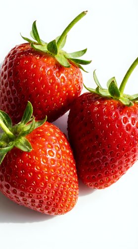Fresh ripe strawberries with green stems isolated on white background. Use for food, nutrition, healthy eating, recipes, agriculture, and culinary projects.