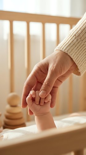 Tender moment of adult hand gently holding baby hand in warm nursery setting with wooden crib, symbolizing love, care, protection and family bond.