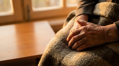 Elderly person wrapped in warm knit blanket sitting by sunny window, hands folded peacefully. Cozy indoor comfort and relaxation concept for seniors.