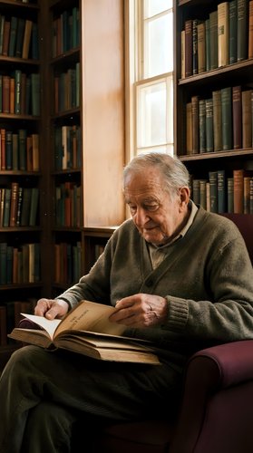 Elderly Caucasian man reading book in cozy home library with wooden bookshelves and warm natural light from window creating peaceful scholarly atmosphere.