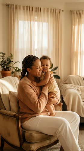 Happy African American mother holding laughing toddler daughter on living room sofa in warm sunlight creating joyful family bonding moment at home.