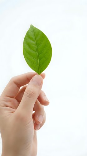 Hand holding fresh green leaf on white background symbolizing environmental care and natural sustainability for eco-friendly business concepts.