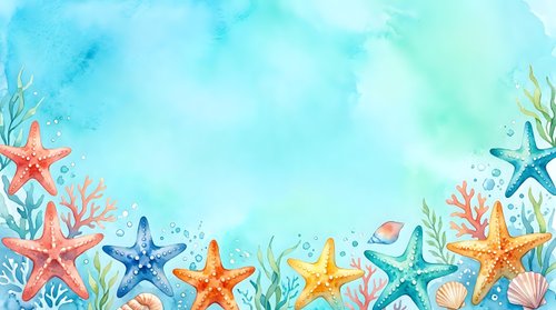 Watercolor ocean frame with colorful starfish, coral, seaweed and shells creating border on turquoise blue background for summer marine design projects.
