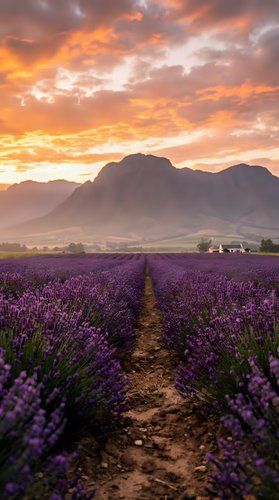 Lavender field rows leading to mountains under dramatic sunset sky with orange and pink clouds creating peaceful rural landscape for relaxation and wellness themes.