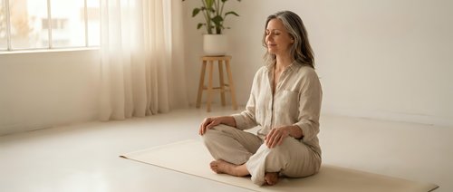Young Caucasian woman in beige outfit practicing mindfulness meditation sitting cross-legged on yoga mat in bright minimalist living room with natural sunlight.