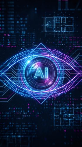 Futuristic AI eye with glowing neon circuits and digital data streams in cyberpunk style for technology and artificial intelligence concepts.