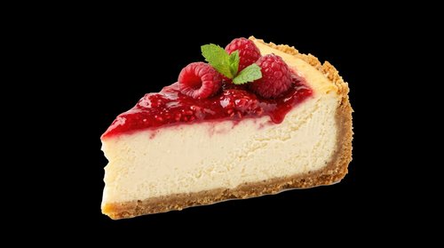 Slice of creamy cheesecake with red berry topping and mint leaf, isolated on transparent background. Ready for food design, print-on-demand, sublimation, t-shirt graphics, stickers, and culinary clipart projects.