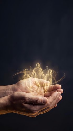 Cupped hands holding glowing golden light figures representing teamwork, community support, and human connection on dark background.