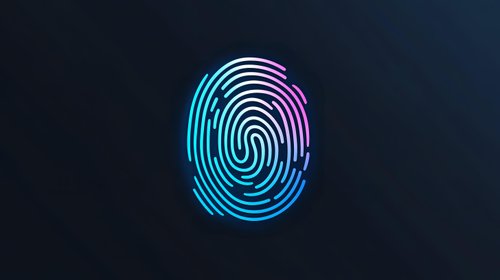 Glowing neon fingerprint icon in gradient blue and pink colors on dark background, security and biometric identification concept for technology design.