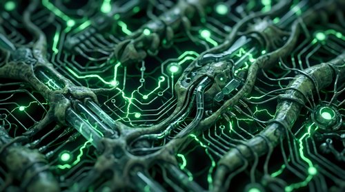 Close-up of glowing green circuit board pathways with illuminated electronic components and intricate wiring patterns for technology and digital innovation concepts.