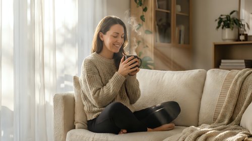 Young Asian woman in cozy sweater sitting cross-legged on sofa holding warm drink, enjoying peaceful morning moment in bright modern living room.