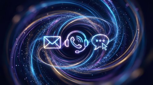 Glowing neon communication icons, email, headset, chat bubble on dark cosmic swirl background for technology and support concepts.