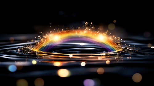 Magical rainbow arch emerging from dark water surface with splashes and bokeh light effects, creating dramatic contrast between colors and reflections.