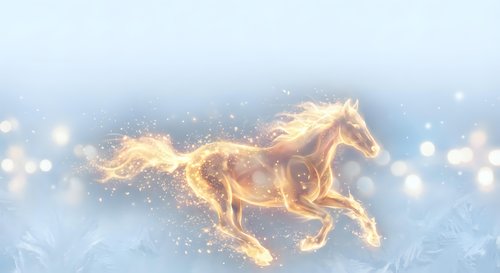 Fiery golden horse galloping through a winter wonderland with glowing bokeh lights and frost patterns on a soft blue background.