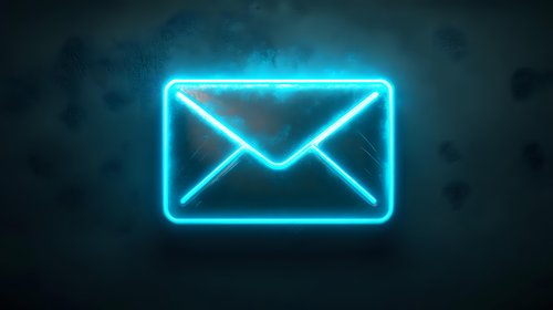 Glowing blue neon mail envelope icon on dark background with bokeh effect, modern digital communication symbol for web and mobile apps.