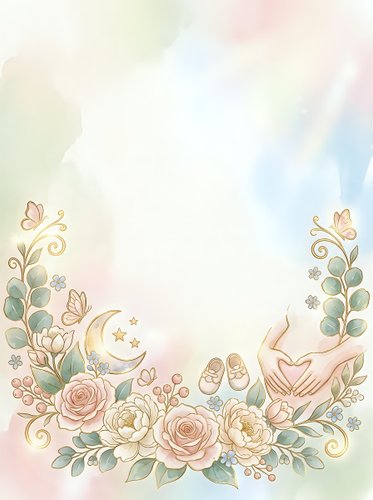 Watercolor floral frame with roses, botanical elements, butterflies, crescent moon and stars on soft pastel background, isolated design for invitations and greeting cards.