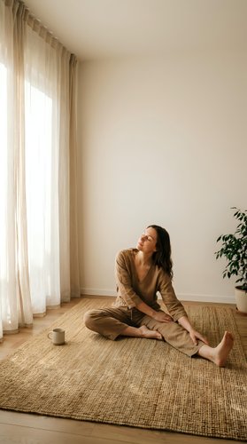 Young Asian woman in beige linen outfit sitting cross-legged on jute rug in minimalist living room with natural light streaming through sheer curtains.