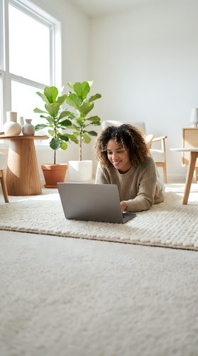Young woman with curly dark hair and medium skin tone working on laptop in bright, minimalist home office with potted plant, wooden furniture, and natural light from window.