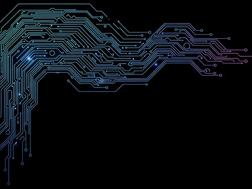 Digital circuit board pattern with glowing blue and purple electronic pathways on black background for technology and computing designs.