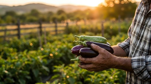 Farmer holding fresh organic cucumbers at sunset in agricultural field with mountains in background during golden hour harvest time.