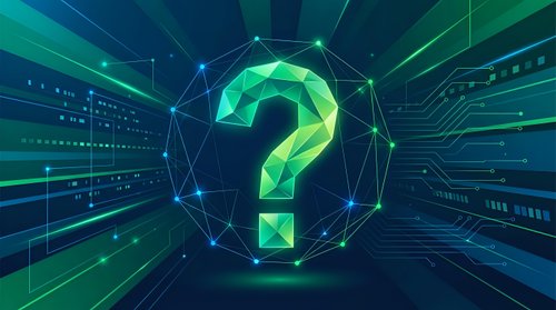 Glowing green question mark in digital network sphere with circuit board patterns and light rays on dark blue tech background for business concepts.